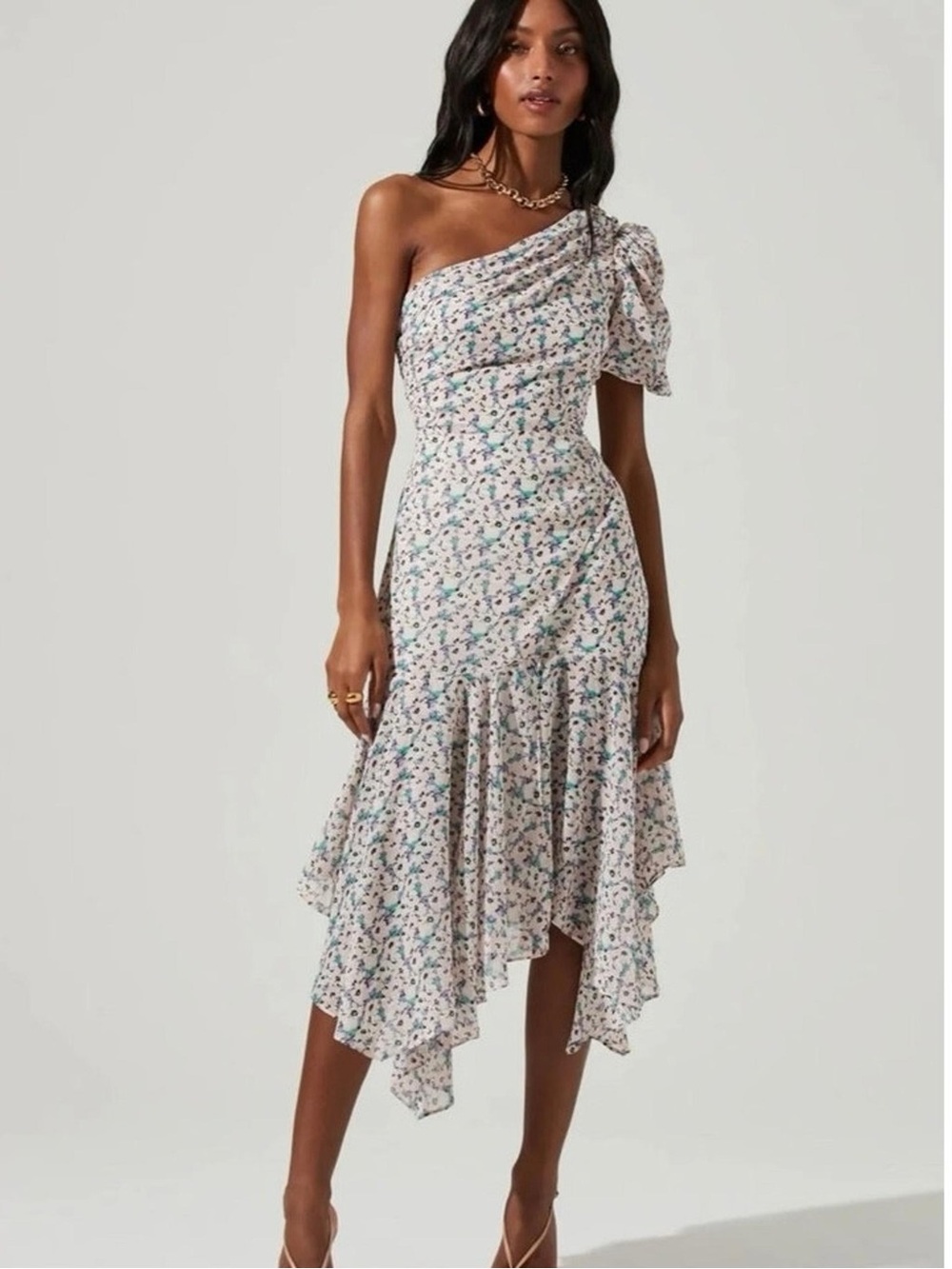 Astr One-Shoulder Floral Midi Dress in Cream with Blue and Green Accents